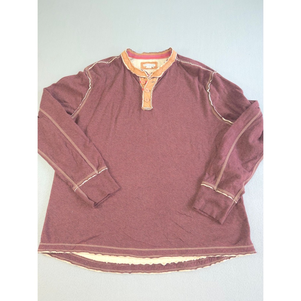Carbon 2 Cobalt Henley Mens Large Burgundy Plum Long Sleeve Raw Edge Cotton